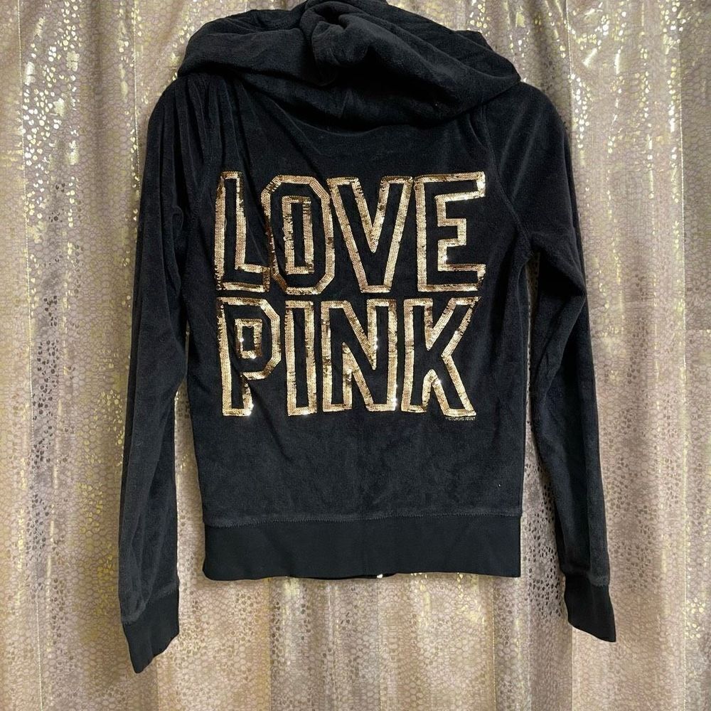 Vintage‎ Y2K PINK Love Pink black zip up gold sequin bling hoodie sweater XS
